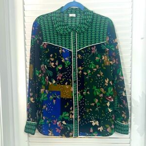 Cabi Burst of Mint Bronco Long Sleeve Top Blouse Green Blue Floral Size Medium